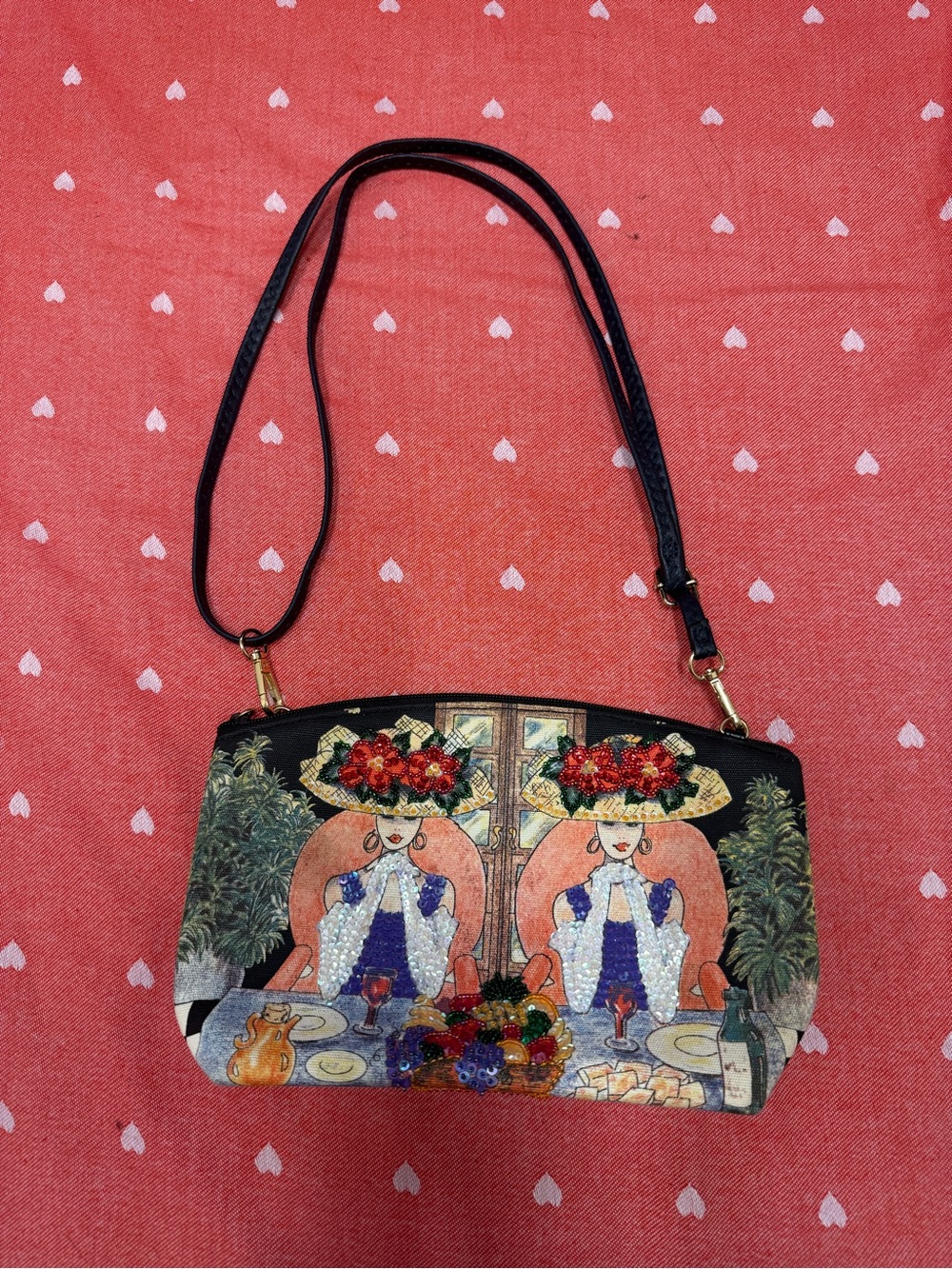 Black Illustrated Floral-Accent Crossbody Bag